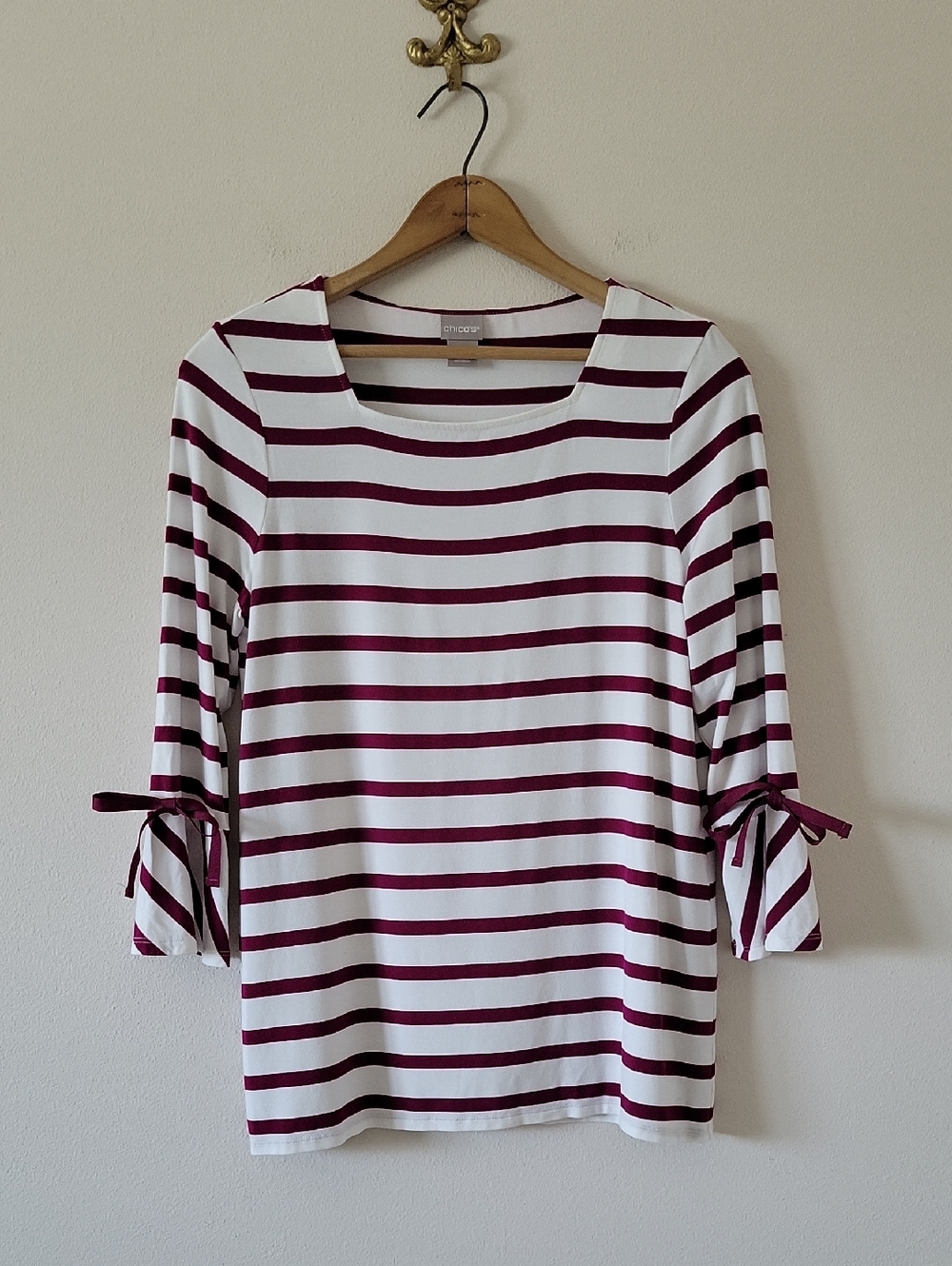 Chico's‎ Wine Striped Knit Top Ribbon Tie Bell Sleeves Size Small